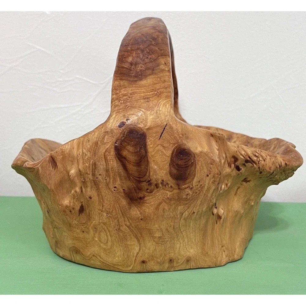 MCM Hand Carved Burl Wood Basket Handle Knobby Unique Boho Cabin Nature VTG‎
